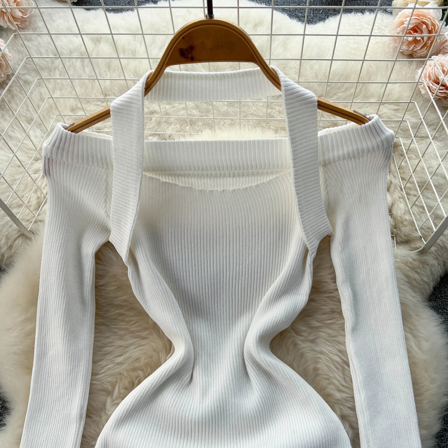 Chic Sexy Halter Bandage Irregular Bodycon Dress Fluffy Long Sleeve Knit Birthday Dress Autumn Winter Pencil Sweater Vestidos