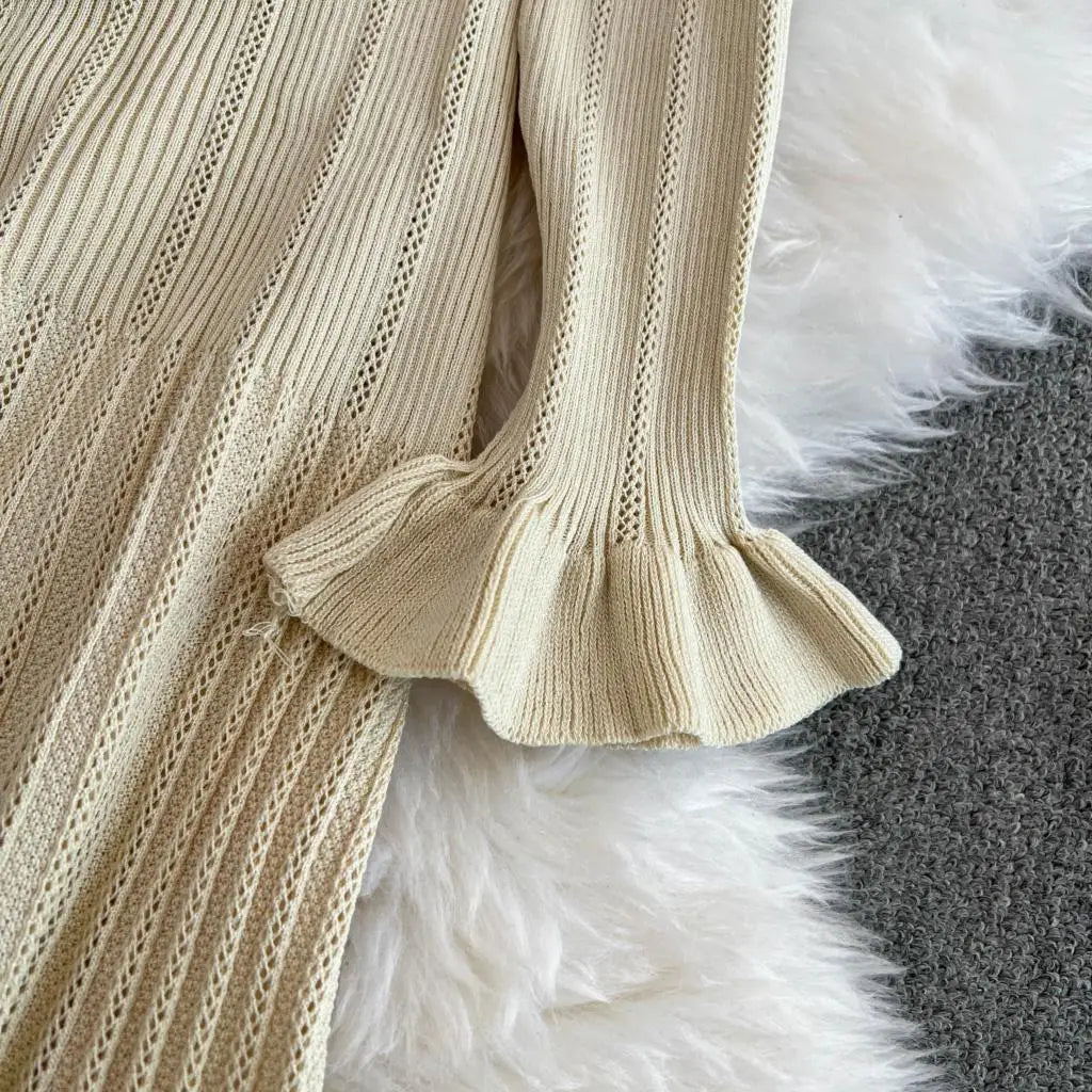 Women Vintage Mermaid Knitted Dress Elegant Casual Single Breasted Bodycon Slim Evening Dresses Female One Piece Clothes Mujers
