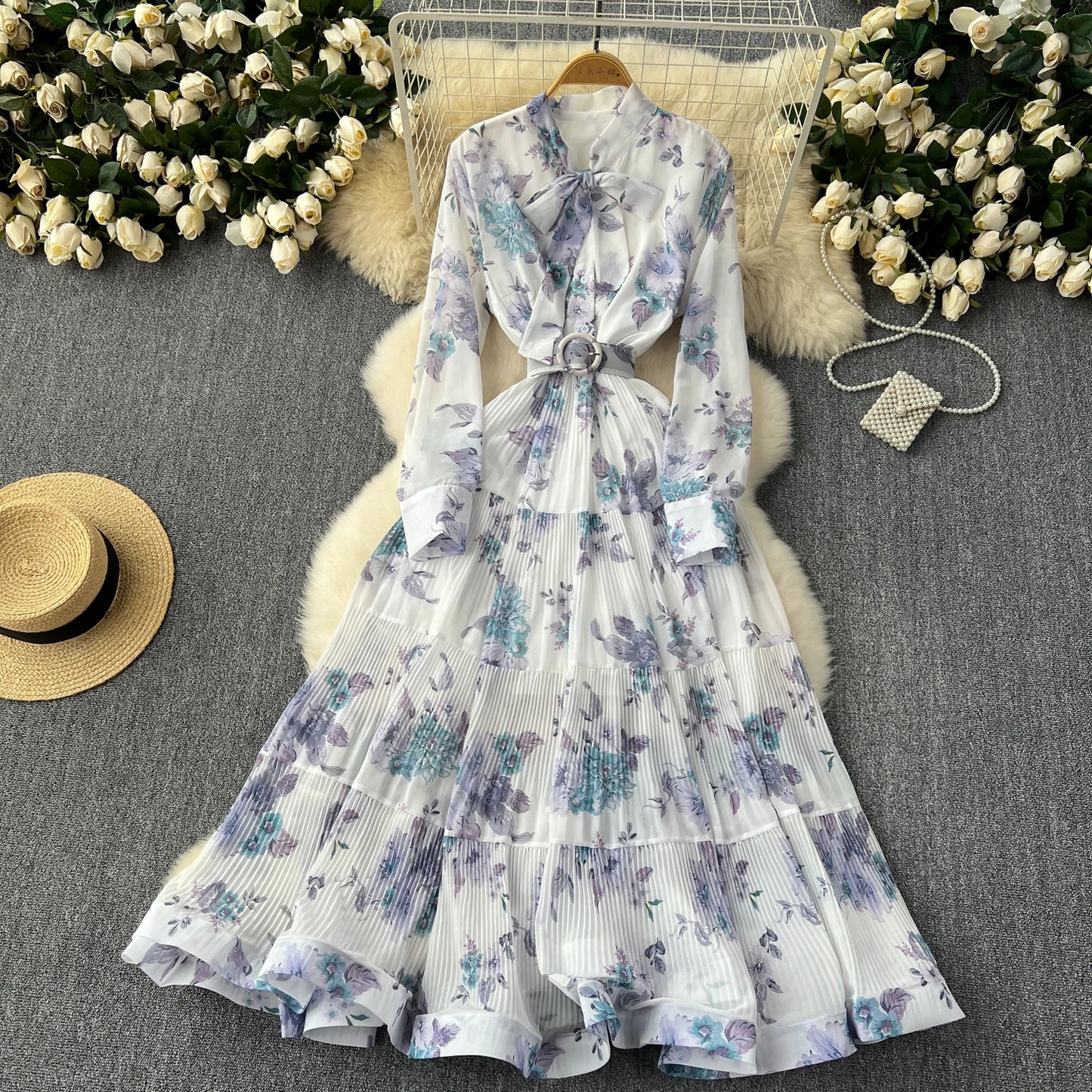French Vintage Ruffle Lace-up Bow Puff Sleeves Long Sleeves Dress korean fashion Casual Women Fashion summer dresses