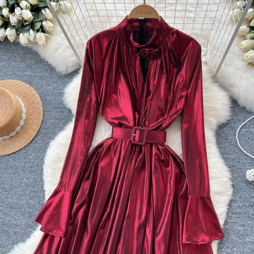 Autumn Vintage Pleated Women Long Dress Elegant Stand Collar Solid A-Line Party Prom Vestidos Female Birthday Clothes Mujers