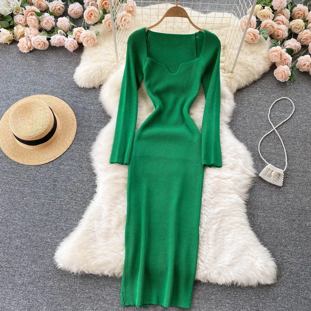 Women Long Sleeve Sexy Bodycon Dress with slit Vintage French Fashion Knit v neck Vestidos Basic Tight Elegant Slim Chic Dresses