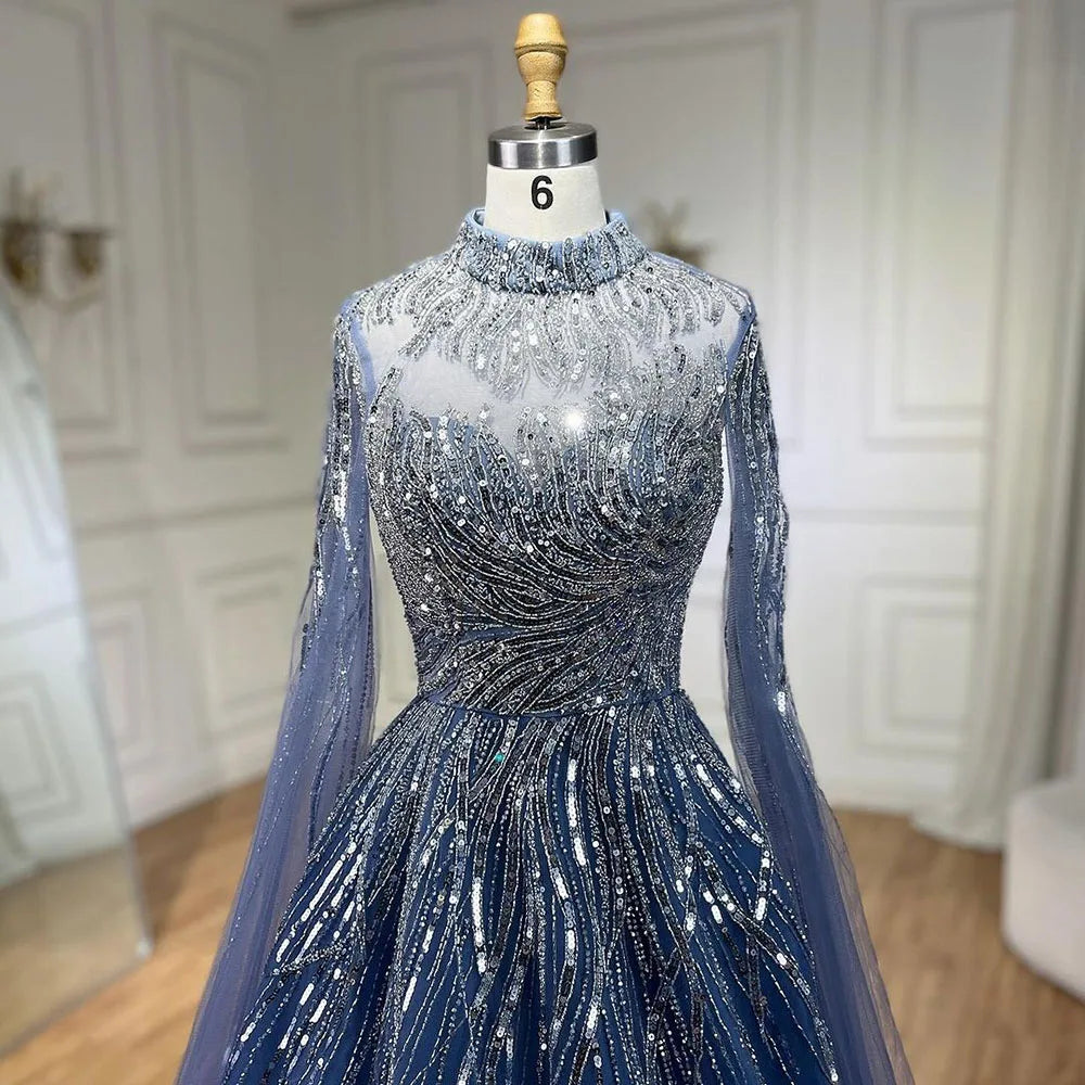 Serene Hill Caramel Luxury Evening Dresses with Cape Sleeves A-Line Beaded Lace Gown For Women's Wedding Party 2024 LA72386