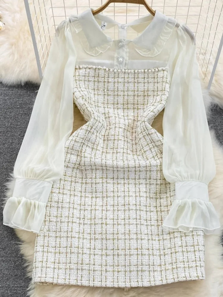 Autumn Fashion New Women Tweed Plaid Mini Dress Elegant Chiffon Patchwork Long Sleeve Dresses Female Casual One Piece Clothes