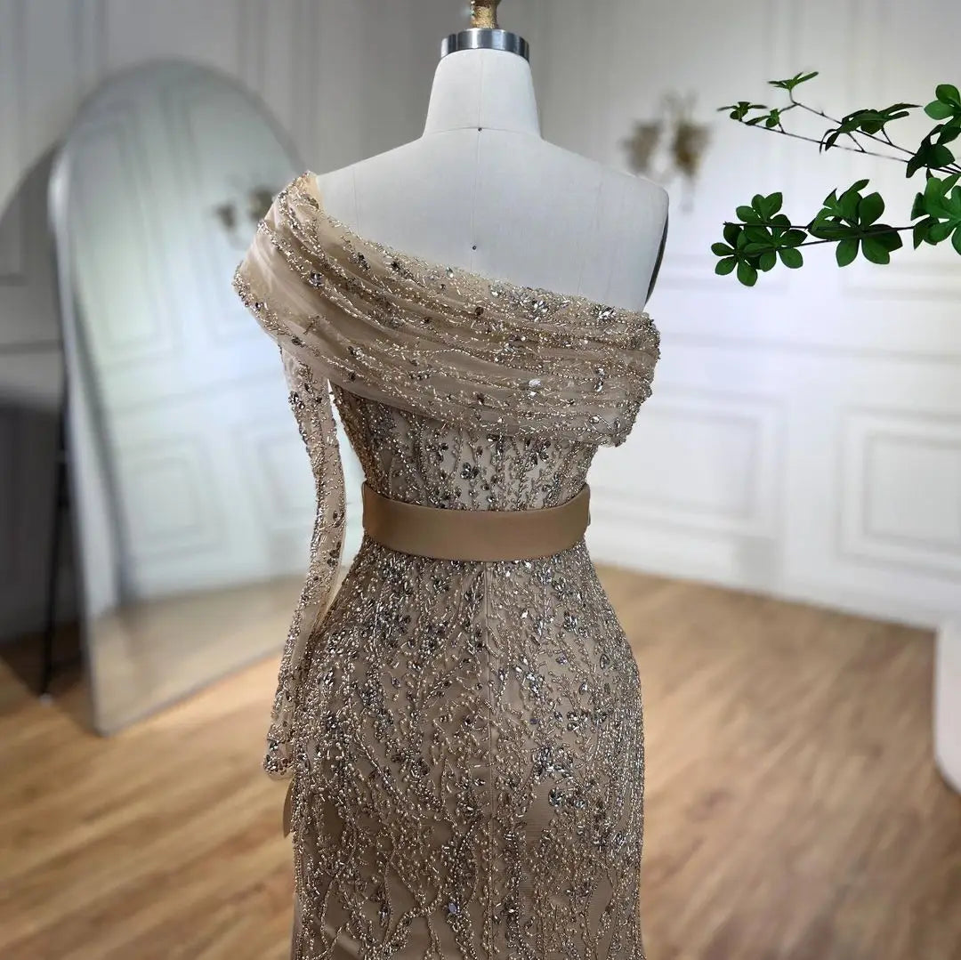 SERENE HILL 2024 Arabic Nude Mermaid One Shoulder Luxury Beaded Evening Party Dresses Formal Gowns For Women Wedding GLA72161