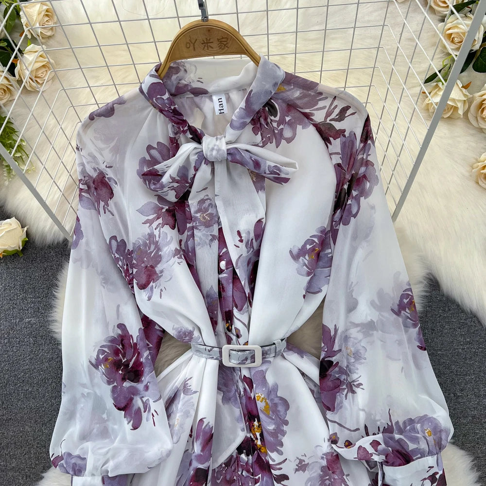 Elegant Casual Women Fashion Floral Print Long Dress Vintage Pleated A-Line Maxi Boho Beach Party Robe Female Clothes Mujers