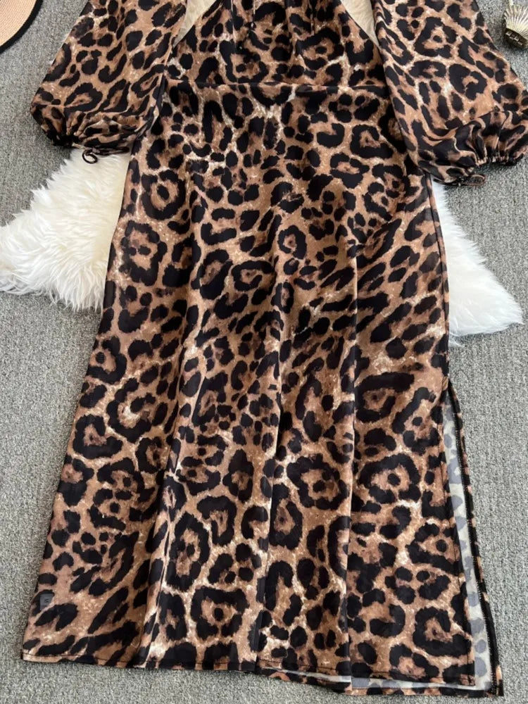 Autumn Elegant Women Leopard Print Long Sleeve Dress Casual Loose A-Line Slit Evening Dresses New Fashion Vintage Vestido Mujers