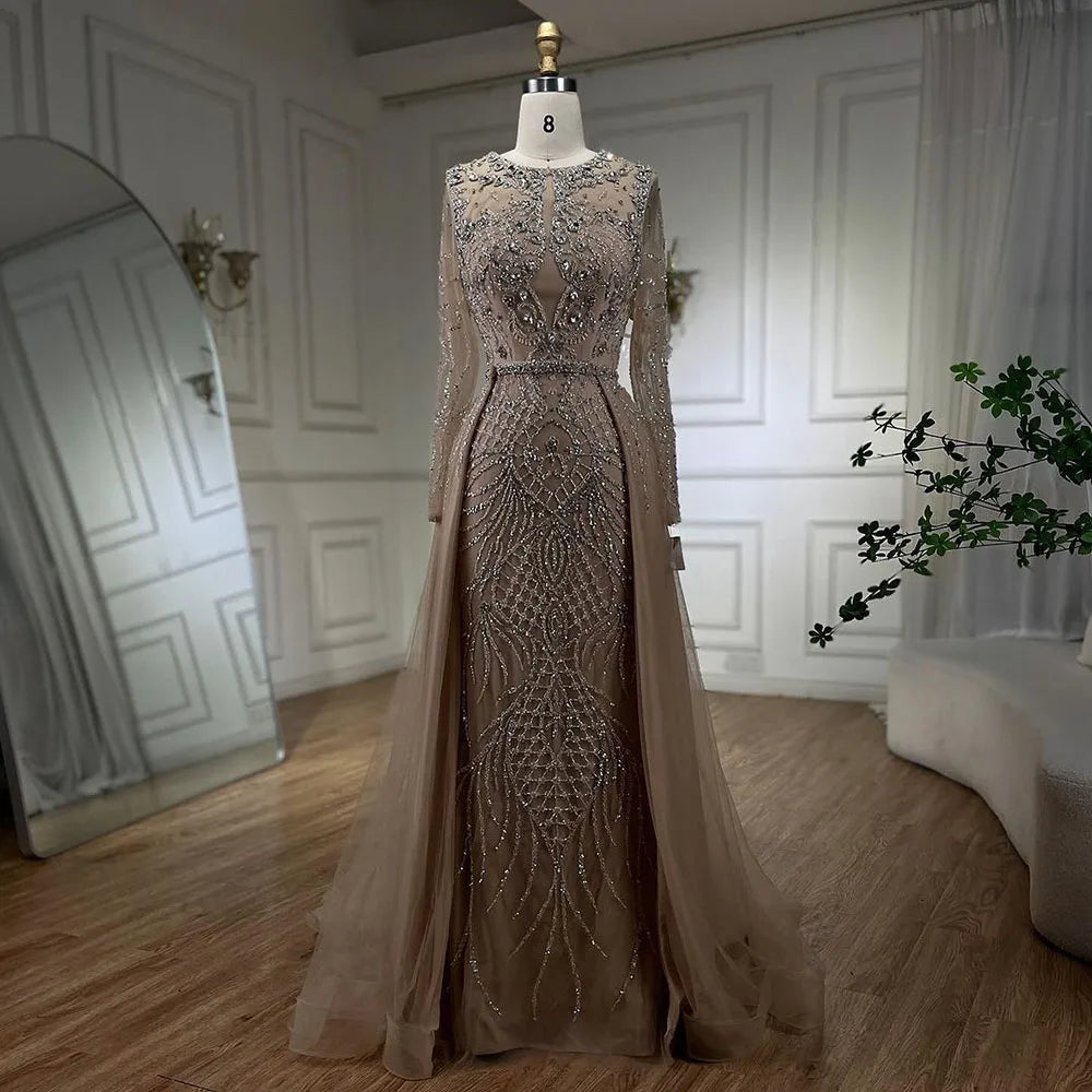 Serene Hill Muslim Silver Nude Mermaid Gown with Detachable Overskirt Beaded Evening Dress for Women Wedding Party 2024 LA71919