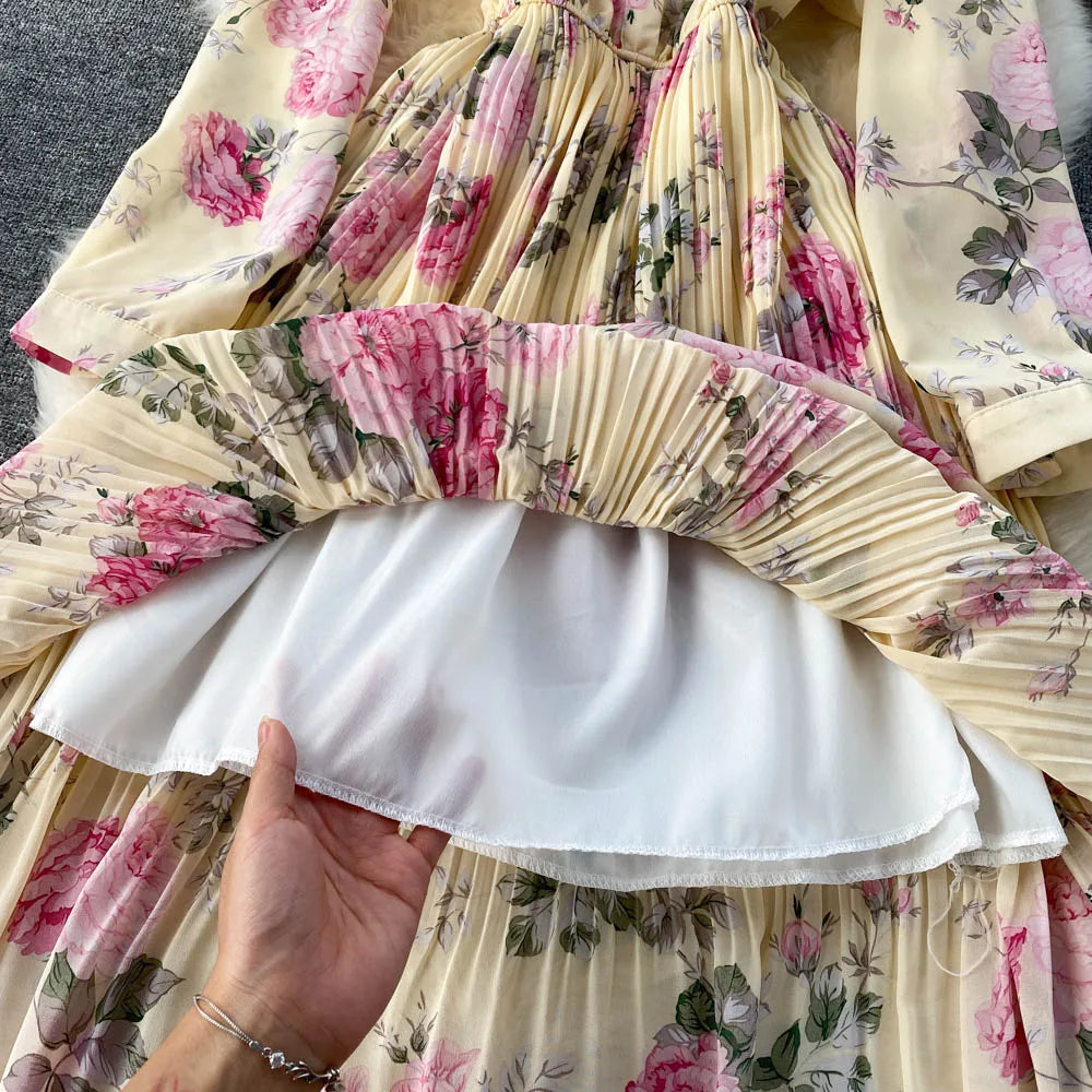 Retro Floral Print Pleated Elegant Chiffon Maxi Dress A-line Fashion Beach Vacation Party Dress Women Summer Spring Vestidos