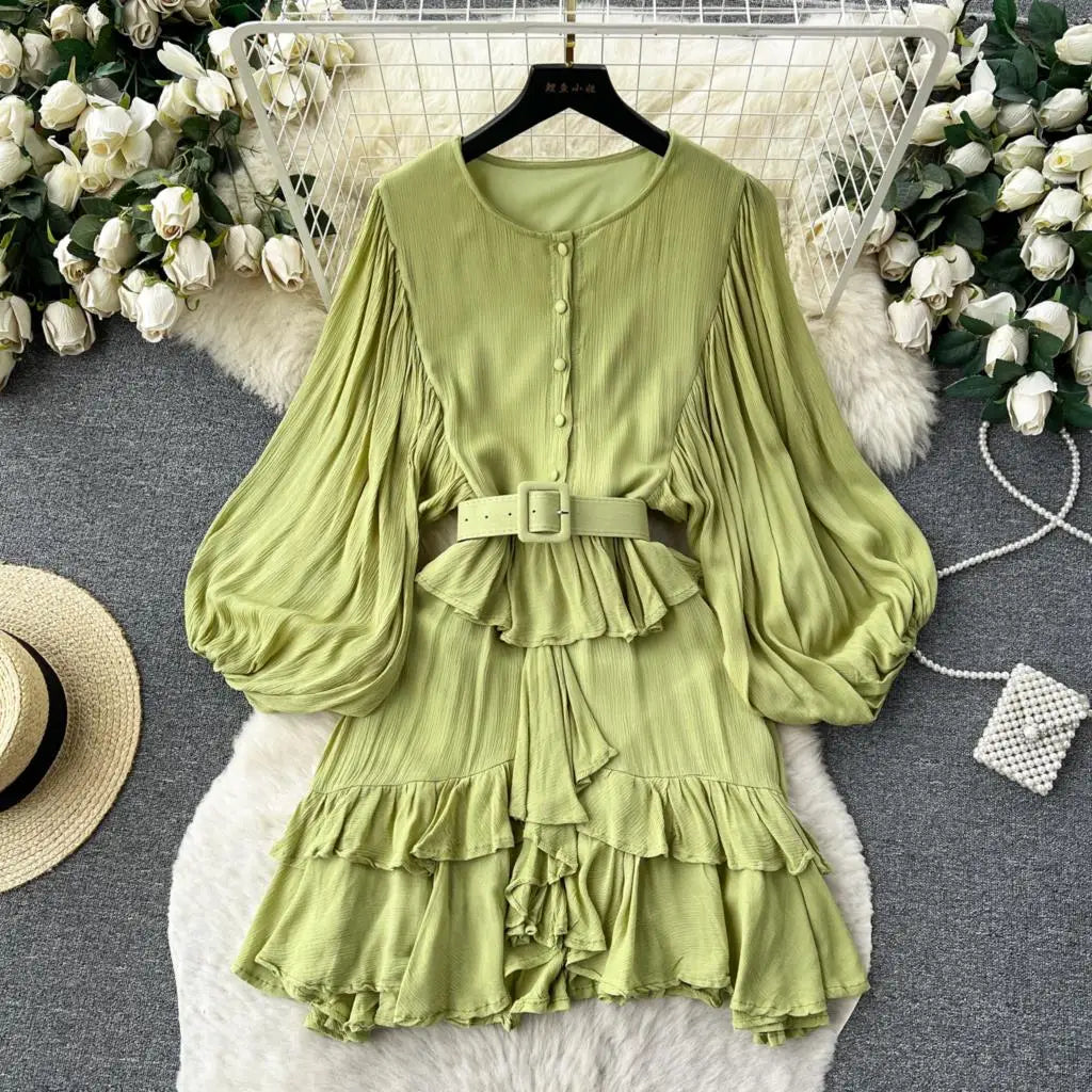 Vintage Puff Sleeve Ruffle Dress Women O-Neck A-Line Elegant Casual Party Prom Dresses Korean Autumn Fashion Female Vestidos New