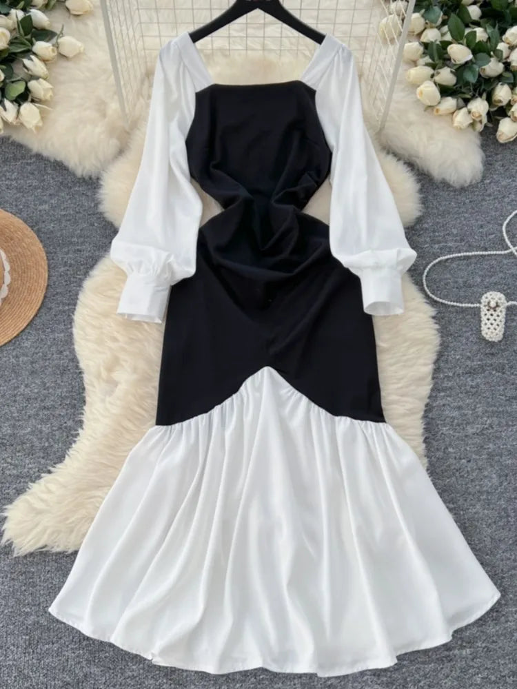 Elegant Pleated Mermaid Dress for Women Autumn Black White Patchwork Evening Party Dresses Autumn Slim Waist Prom Vestidos Robe