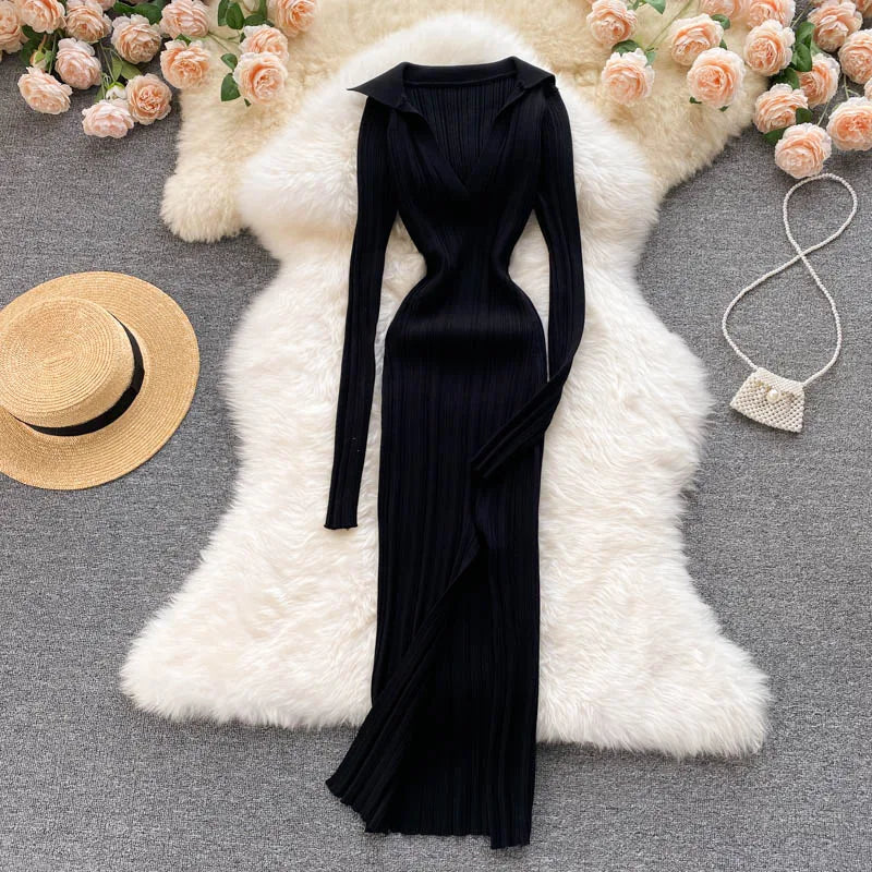 Women Chic Elegant Long Sleeve Split Bodycon Midi Dress Sexy French Fashion Knit Wrap Vestidos Elastic Slim Pencil Sweater Dress