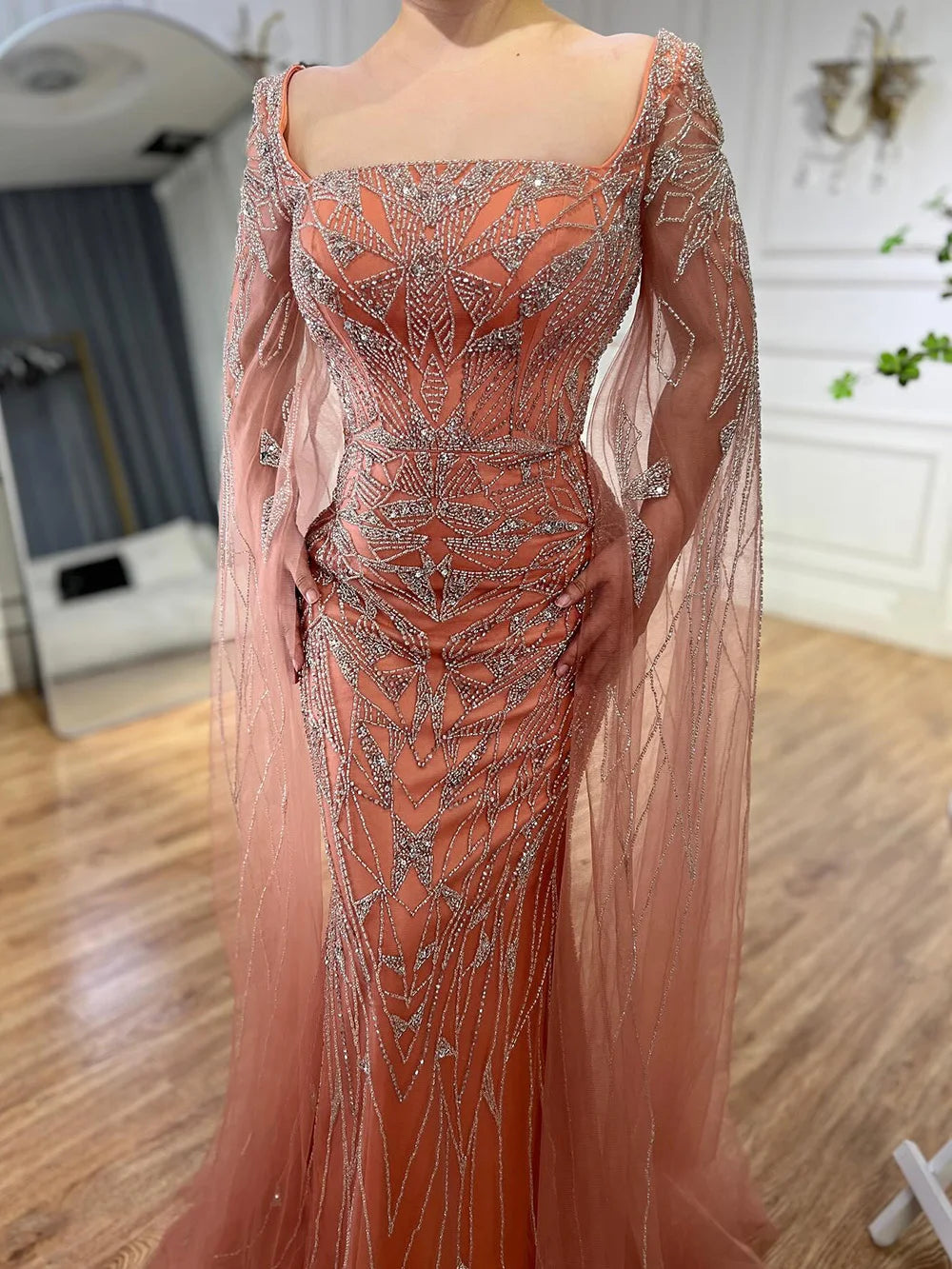 Serene Hill Arabic Pink Cape Sleeves Mermaid Dubai Evening Dresses Beaded Luxury Wedding Party Gowns For Women 2024 LA72261