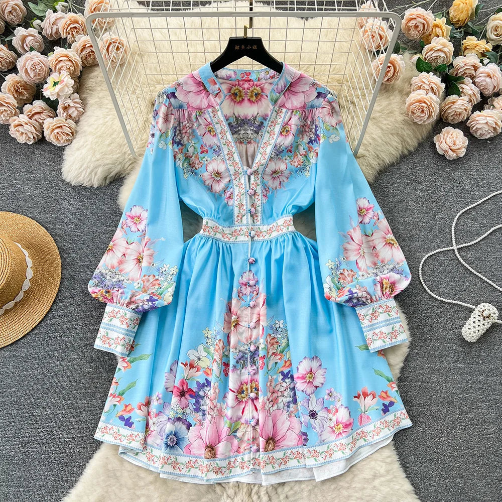 Spring Dresses 2024 Women Fashion Elegant Vintage Floral Print Dress V Neck Front Button Up Long Sleeve Holiday Mini Dress Woman