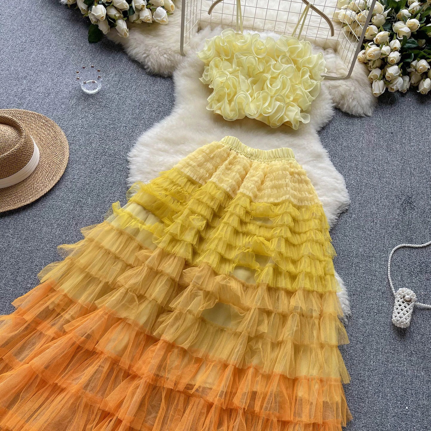 New Women Two Piece Set Summer Three-dimensional Flower Mesh Vest Tank Tops+mesh Long Skirts Fashion Korean Outfits