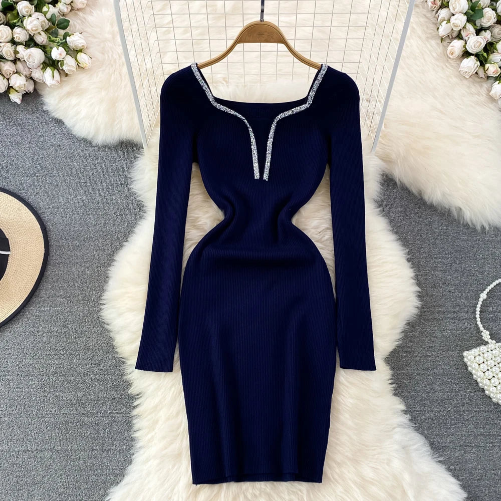 Chic Elegant Glitter V Neck Long Sleeve Elastic Bodycon Dress Sexy Fashion Knit Pencil Vestidos Slim Autumn Winter party robe