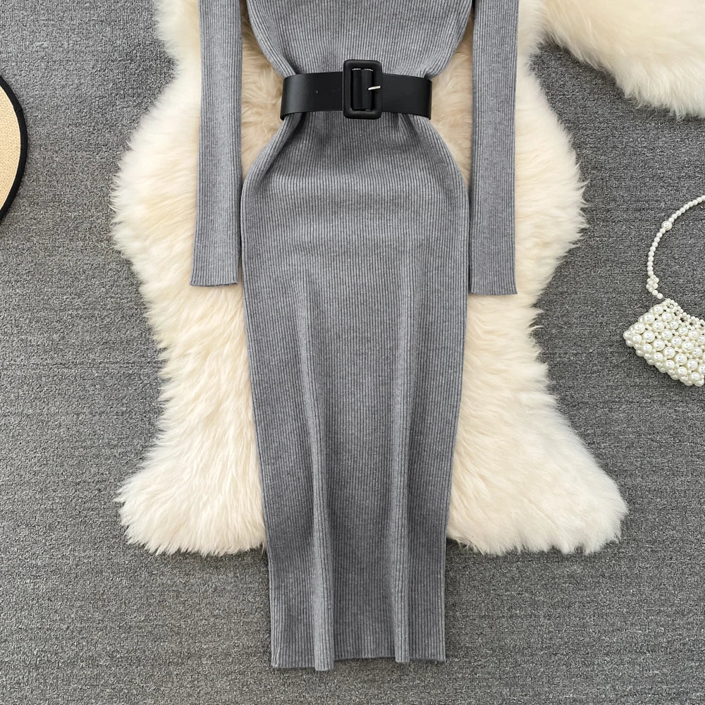 Elegant Turtleneck Long Sleeve Knit Soft Tight Pencil Dress with Belt Slim Fashion Warm Sweater Vestido Sexy Women Winter Robe