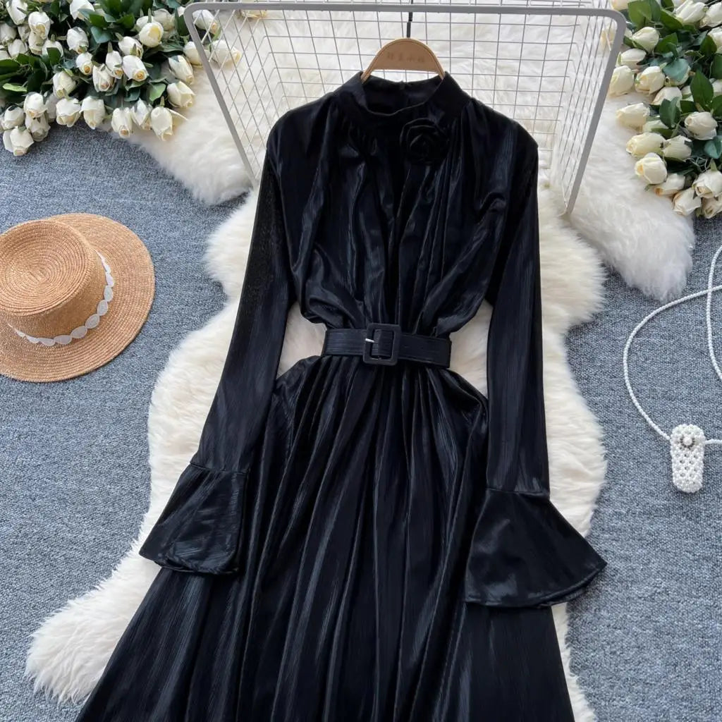 Autumn Vintage Pleated Women Long Dress Elegant Stand Collar Solid A-Line Party Prom Vestidos Female Birthday Clothes Mujers