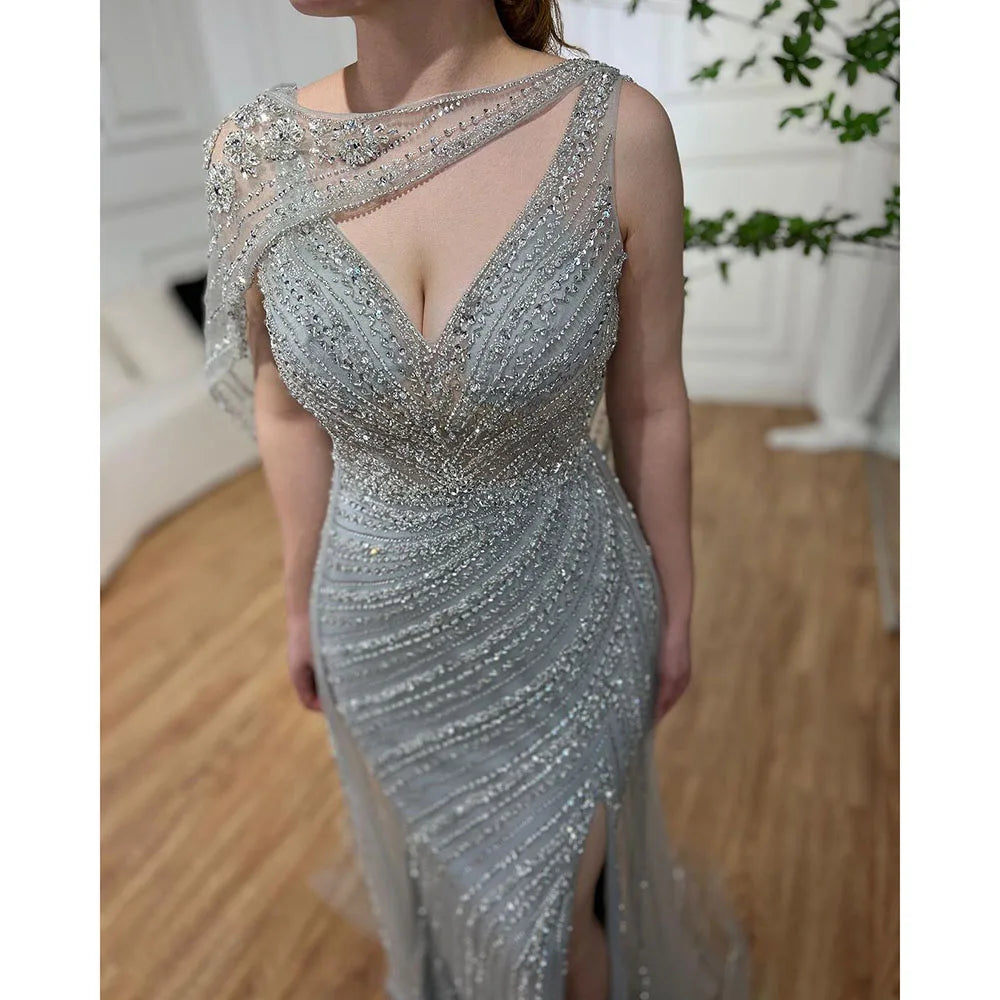 Luxury Champagne Split Evening Dresses 2024 Diamond Beaded Sleeveless Mermaid Formal Serene Hill LA70301