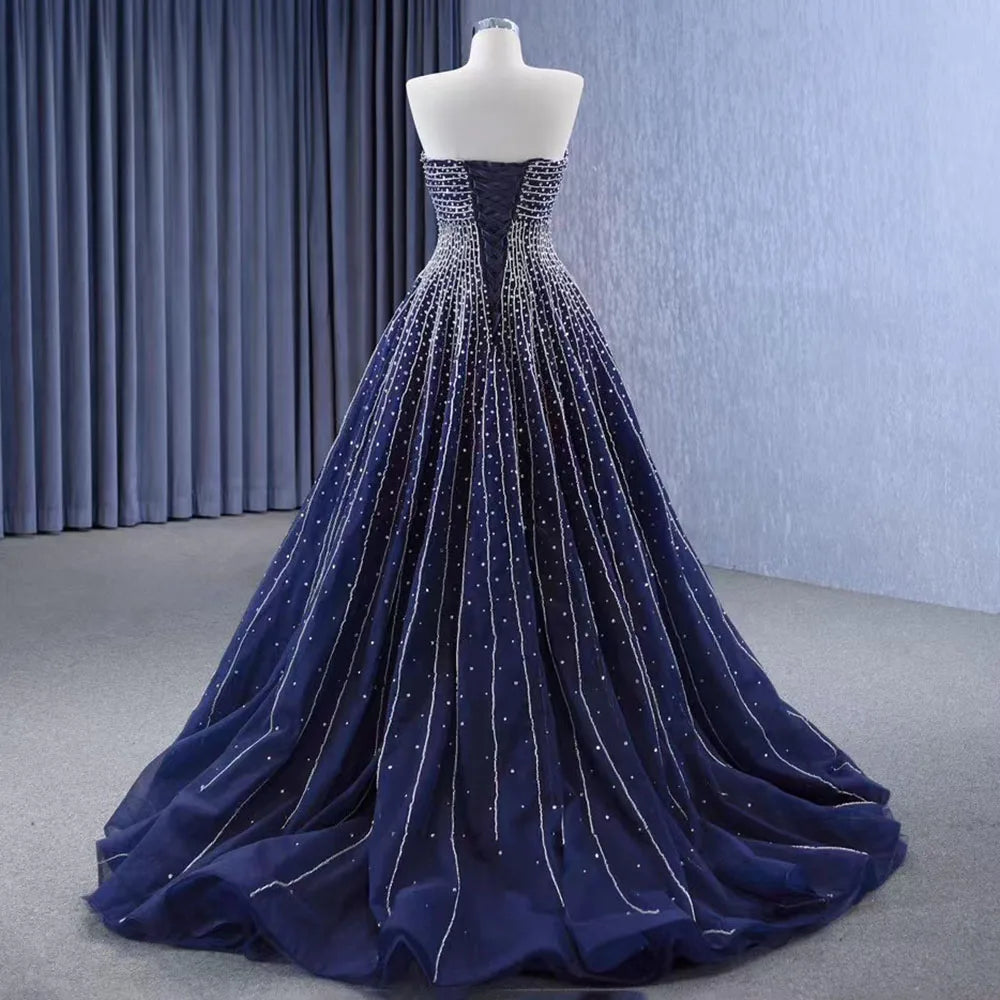 Serene Hill Navy Blue High End Strapless Crystal Beaded Luxury Pearls Lace Up Bride Gowns Wedding Dress Custom Made HM23102