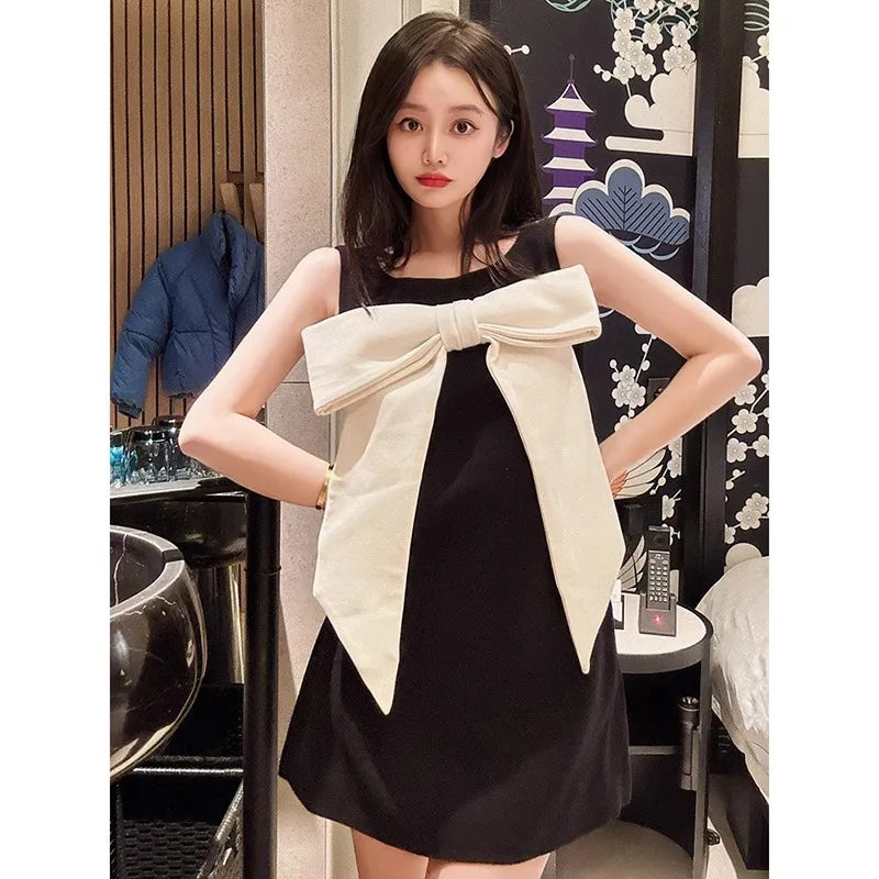Small Fragrant Sleeveless A-line Dress With Big Bow Summer Women's Luxury Mini Dresses Trendy Temperament Evening Dress Elegant