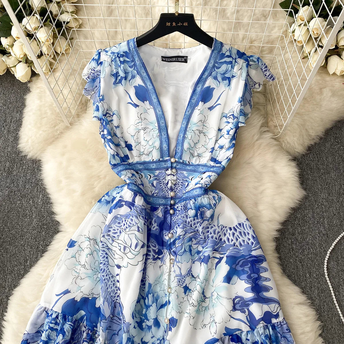 Short Dresses Women Cap Sleeve Vintage Print Chiffon Dress Faux Pearl Buttoned V Neck Ruffle Hem Wedding Elegant Party Dress