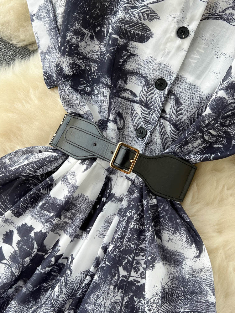 Vintage Tie Dye Print Shirt Dress Women Elegant Summer High Waist Slim A Line Printed Chiffon Long Robe Ladies Casual Long Robe
