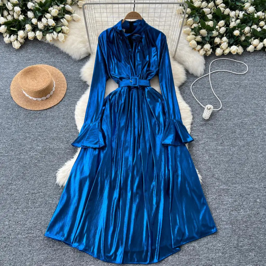 Autumn Vintage Pleated Women Long Dress Elegant Stand Collar Solid A-Line Party Prom Vestidos Female Birthday Clothes Mujers