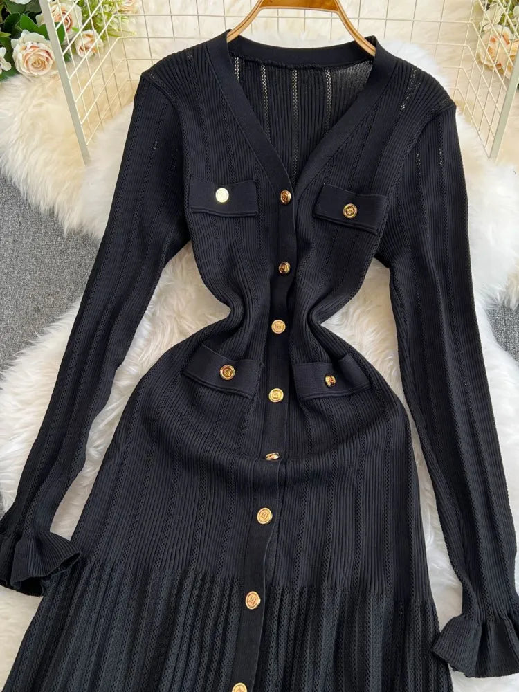 Women Vintage Mermaid Knitted Dress Elegant Casual Single Breasted Bodycon Slim Evening Dresses Female One Piece Clothes Mujers