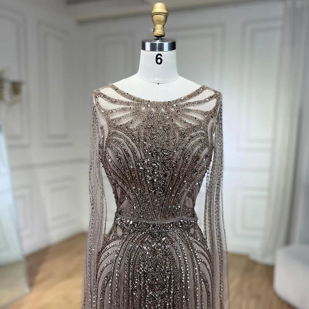 Serene Hill Brown Mermaid Elegant 2024 With Cape Sleeves Beaded Luxury Evening Dresses Gowns For Women Party LA70638
