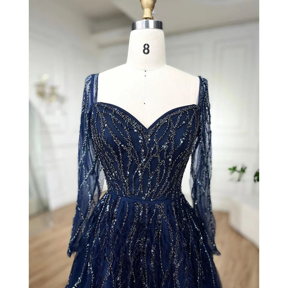Serene Hill Arabic Red Elegant A Line For Women Long Sleeves Evening Dress Luxury Beaded Handmade Feathers 2024 LA71468