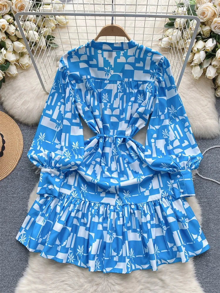 Short Dresses For Women Front Button Up Elegant Geometric Print Dress V Neck Long Sleeve Ruffle Hem Tie Belt Mini Casual Dress