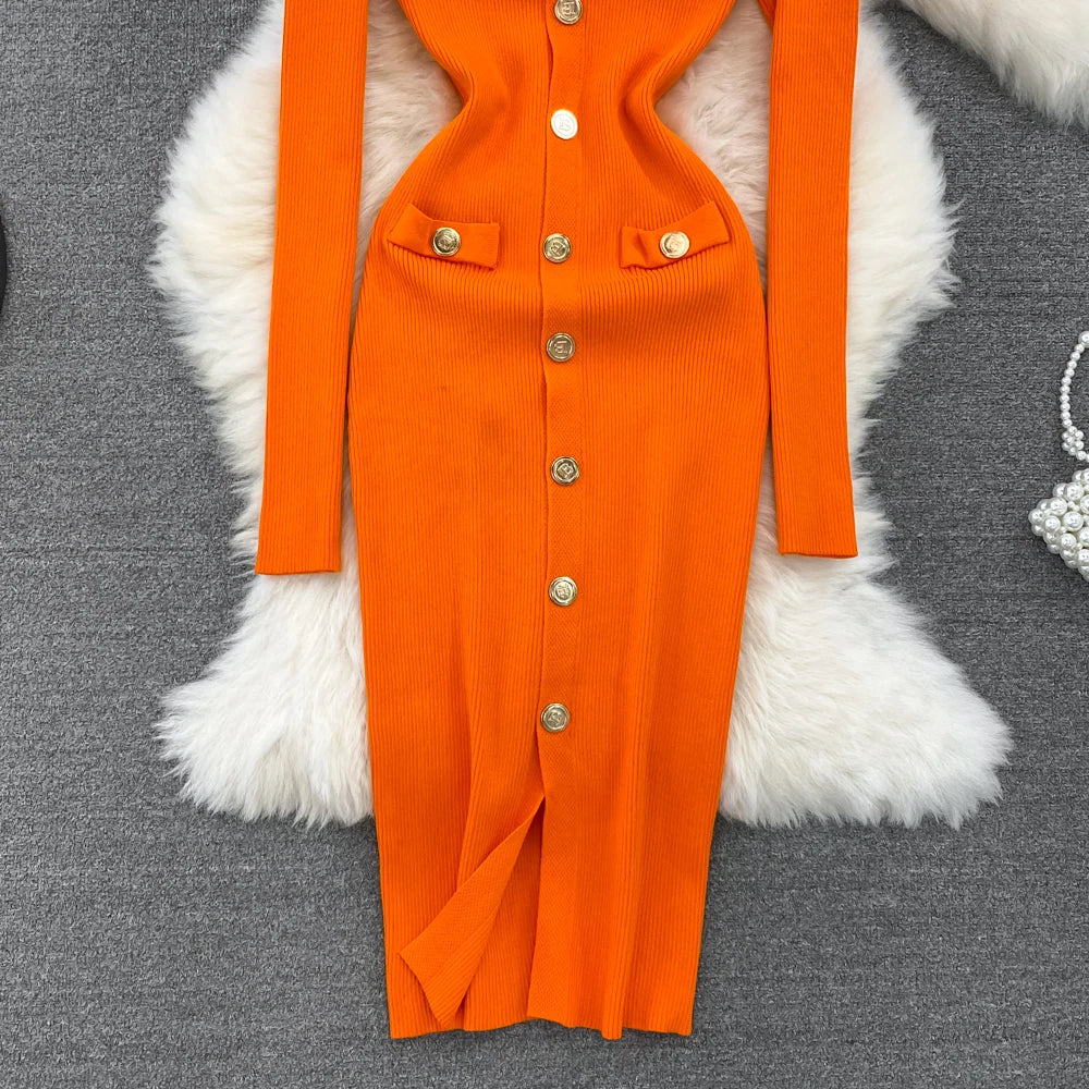 Sexy Split V-neck Long Sleeve Bodycon Dress Chic Elegant Evening Party French Fashion Knit Vestidos Women Autumn Pencil Dress