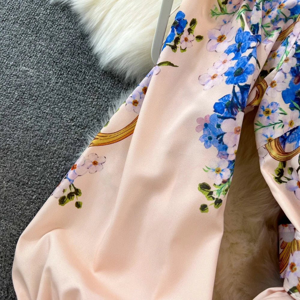 Vintage Print Elegant Lantern Long Sleeve Lapel A-line Dress Casual Women Fashion Autumn Spring Dress