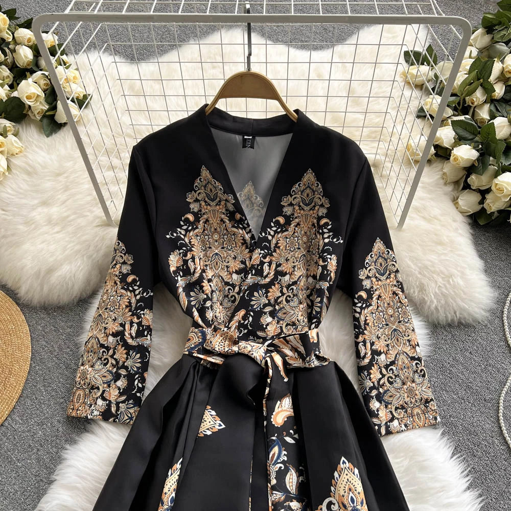 Pinkou Women Elegant Print Maxi Dress Cross V Neck Bow Tie Sashes Three Quarter Sleeve Female Chic Wrap Dresses Vestido QA815