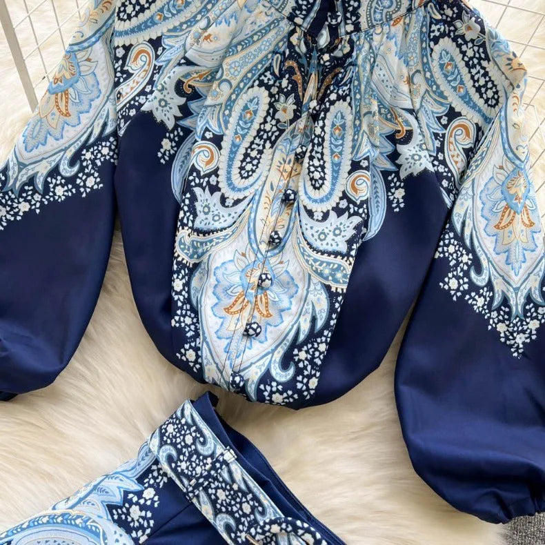 Spring Summer Retro Print Two Piece Set Women Lantern Sleeves Standing Neck Blouse Top+High Waist Wide Leg Shorts Elegant Suits