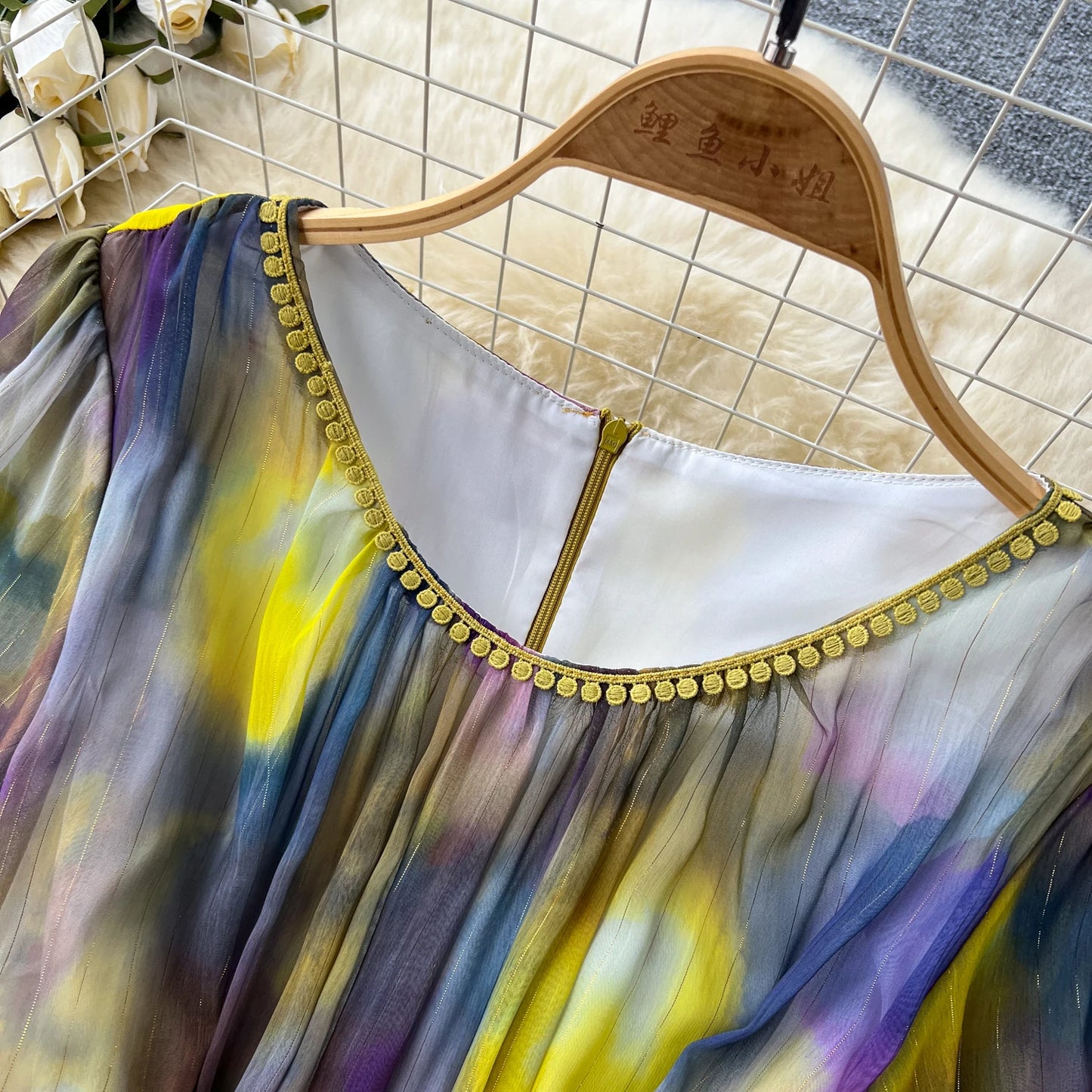 sweet tie dye Lantern Sleeve embroidery o neck chiffon Dress French Party Elegant Summer Sexy Slim Women dresses