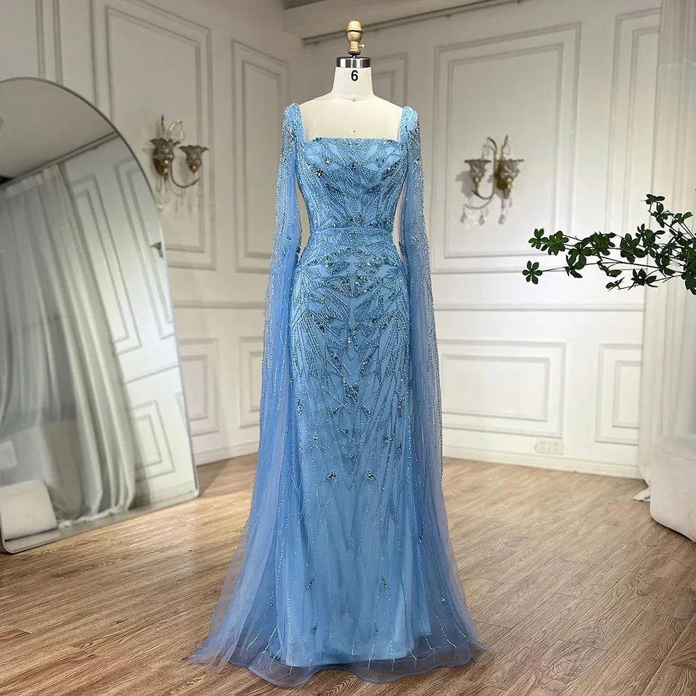 Serene Hill Arabic Pink Cape Sleeves Mermaid Dubai Evening Dresses Beaded Luxury Wedding Party Gowns For Women 2024 LA72261