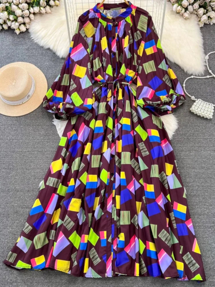Elegant Women Casual Floral Print Party Dress Vintage Lantern Sleeve A-Line Pleated Prom Birthday Clothes Female Fashion Robe