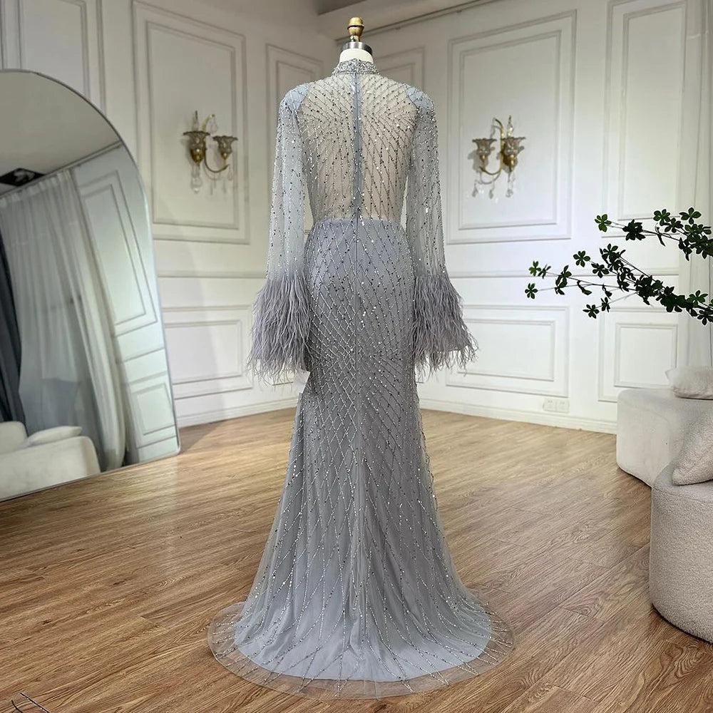 Serene Hill 2024 Women Wedding Party Dubai Gowns Nude Illusion Cut Out Lace Beaded Feathers Mermaid Long Evening Dresses LA72394