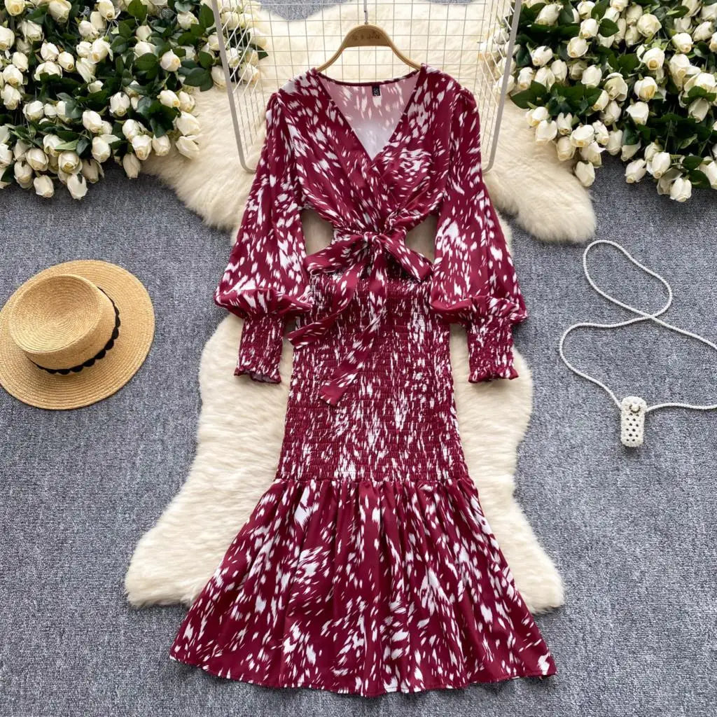 Women Casual Vintage Print Ruffle Long Dress Autumn Elegant V Neck Lantern Sleeve Party Mermaid Dresses Holiday Female Mujer New