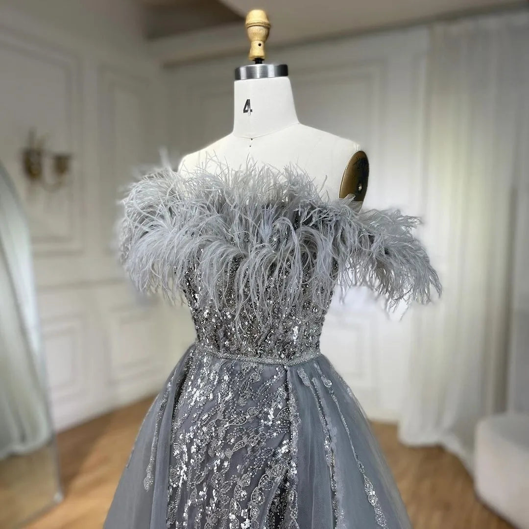 SERENE HILL 2024 Blue Feather Mermaid Luxury Beaded Evening Dresses Overskirt Formal Pink Gowns For Women Wedding Party GLA72061