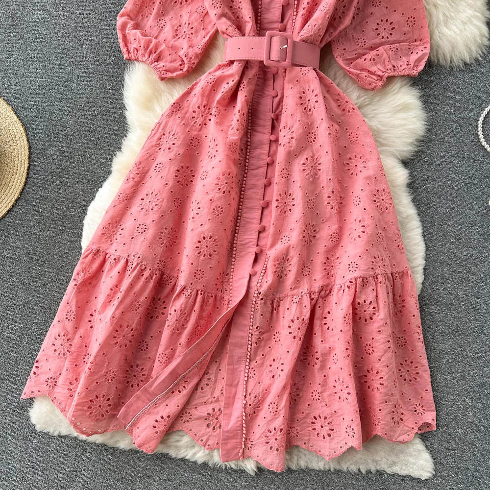 Summer V-neck Hollow Out Dress Women Bubble Sleeves Loose Embroidered Ruffle Edge Long Dresses Ladies Elegant Casual Long Robe
