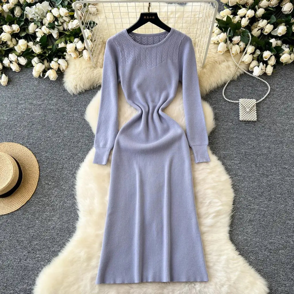 Elegant Solid Knitted Dress for Women Autumn French Vintage O-Neck Long Sleeve Fashion Evening Party Sweater Slim Midi Dresses