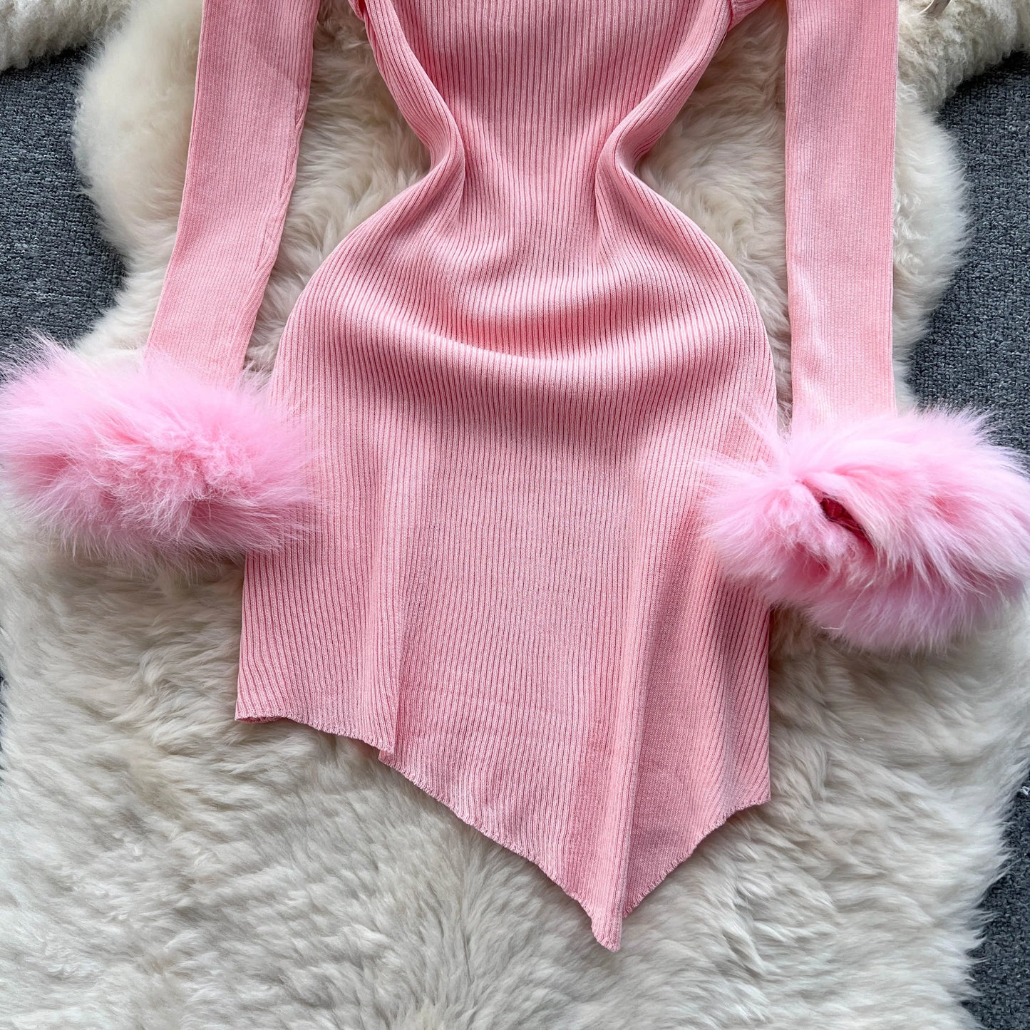 Chic Sexy Halter Bandage Irregular Bodycon Dress Fluffy Long Sleeve Knit Birthday Dress Autumn Winter Pencil Sweater Vestidos