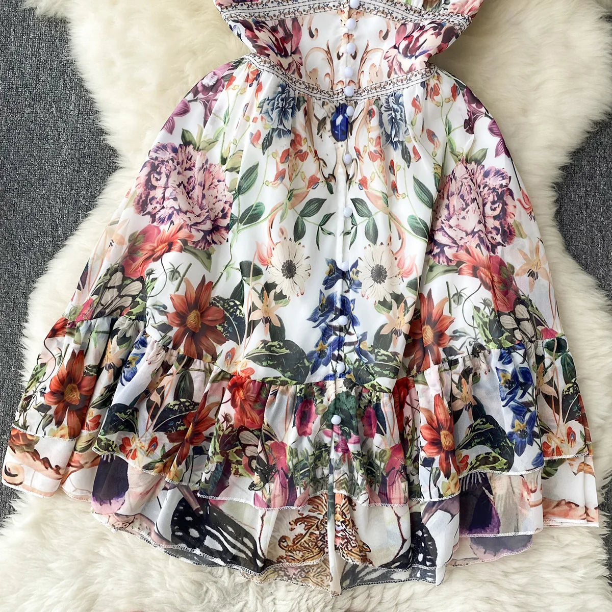 Short Dresses Women Cap Sleeve Vintage Print Chiffon Dress Faux Pearl Buttoned V Neck Ruffle Hem Wedding Elegant Party Dress