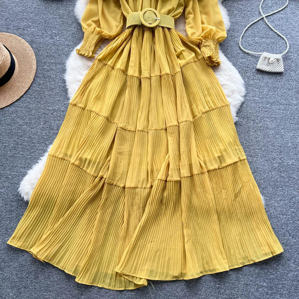 Vintage Pleated Slash Neck Off Shoulder High Waist Dress Long Sleeve Dress Chic Summer Beach Vestidos Women Vacation Sundress