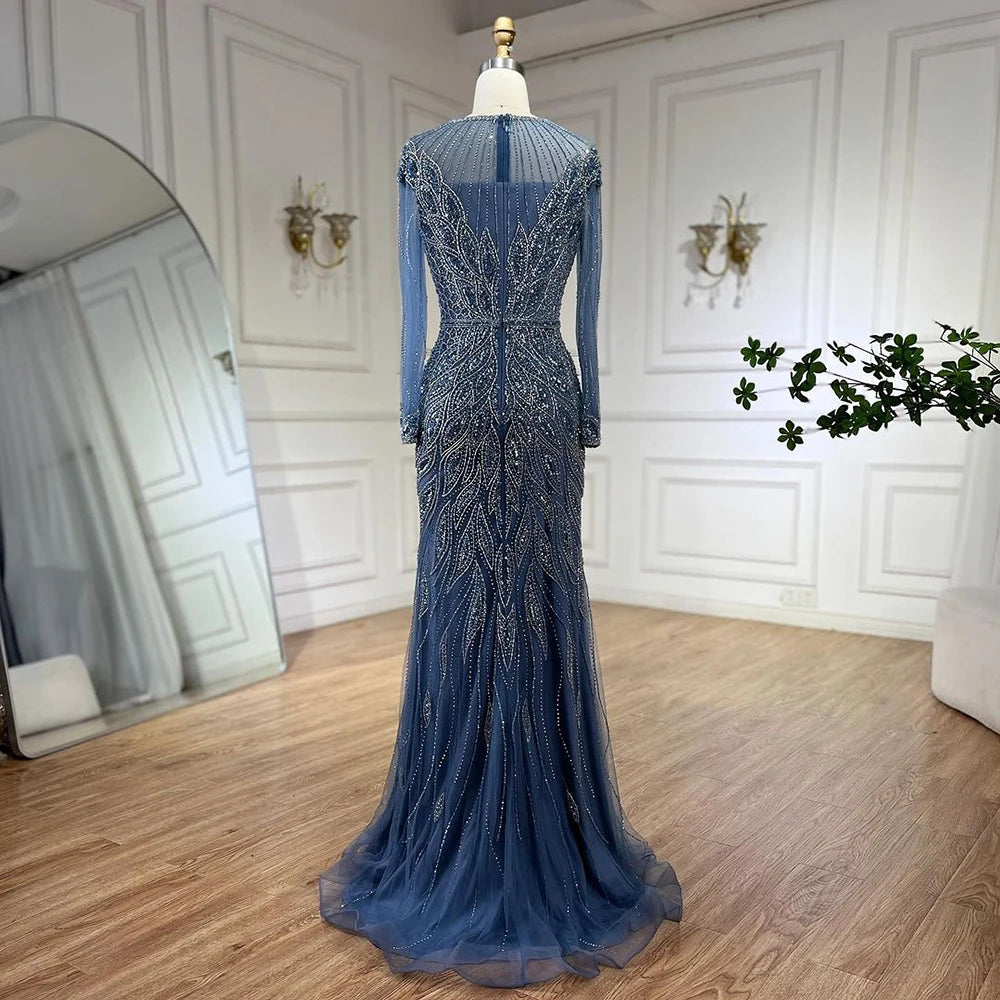 Serene Hill Muslim Blue Mermaid Luxury Beaded Dubai Long Evening Dresses Gowns for Women Wedding Party 2024 LA71999L