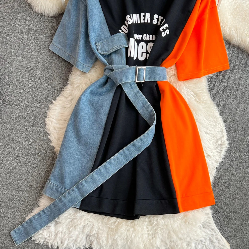Women Summer Casual T Shirt Short Sleeve Streetwear Patchwork Denim Long Shirts Female O-neck Slim Jeans Tops