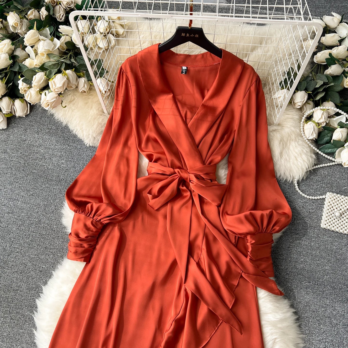 Women Elegant Satin Dress Summer Bandage High Waisted Ruffled Irregular Blazer Dresses Ladies A-line Vintage Party Long Robe