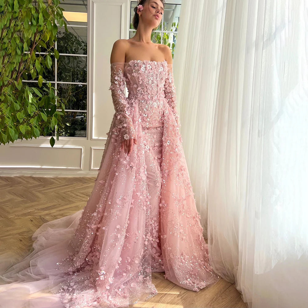 Serene Hill 2024 Pink Strapless Back Lace-Up Mermaid Evening Gown with Overskirt and Appliques for Women | Wedding Party LA72641